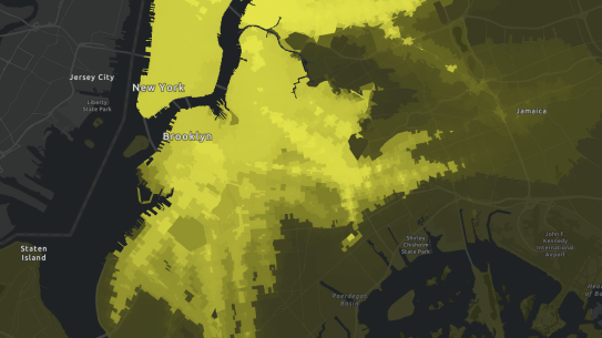 Map of NYC overlaid with an analysis showing the number of jobs reachable within a 40-minute travel time by transit and walking during morning rush hour (7 - 9 am) at least 90% of start times. Manhattan and central Brooklyn consistently exhibit excellent transit connectivity and higher job accessibility. In contrast, the outer boroughs like Staten Island, along with peripheral areas of Brooklyn, the Bronx, and Queens, show lower job accessibility. 