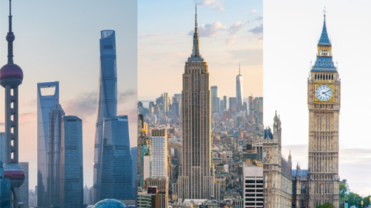 three slices of city skyline: Shanghai, NYC, and London