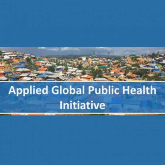 Logo of Applied Global Public Health Initiative in white lettering with a background of informal settlements