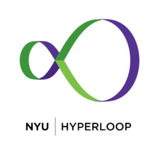 NYU Hyperloop logo which is a skewed infinity symbol in green and purple