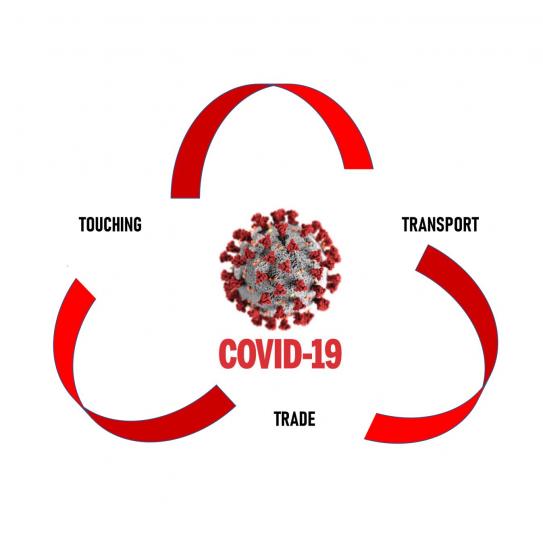 Logo of COVID 3T with red arrows pointing to touching, transport and trade