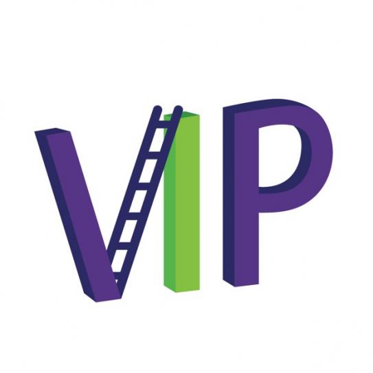 VIP graphic with a ladder as the right-half of the V in purple and green