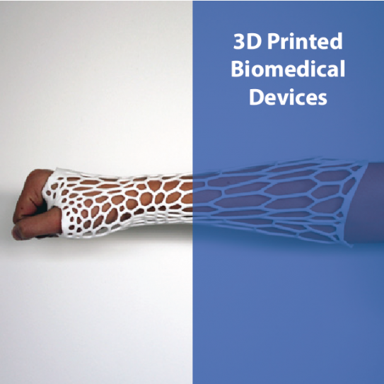 Human hand in a white brace and a blue overlay with the words "3D Printed Biomedical Devices"