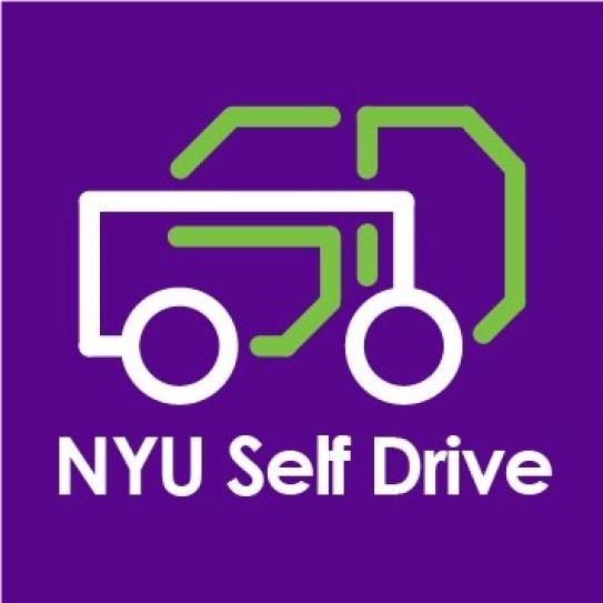 Logo of NYU Self Drive with neon line drawing of a car