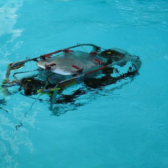 Autonomous Underwater Vehicle shown submerged in clear water