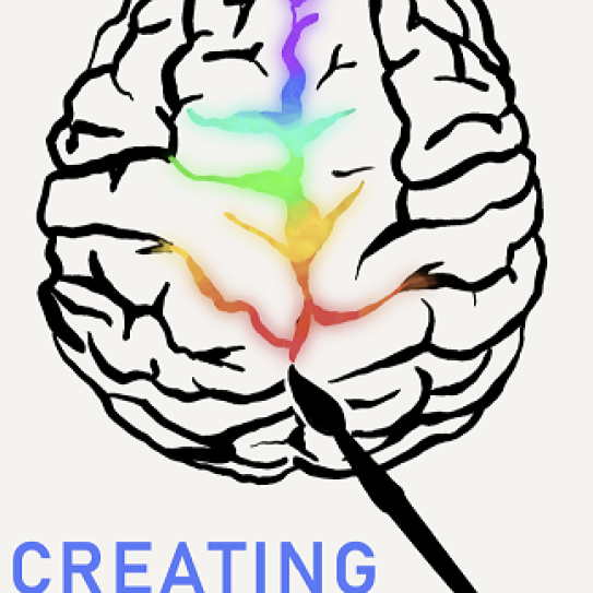 Black and white brain with rainbow veins running through it and team name