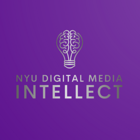 NYU Digital Media Intellect written in silver on a purple background with the image of a brain in a lightbulb