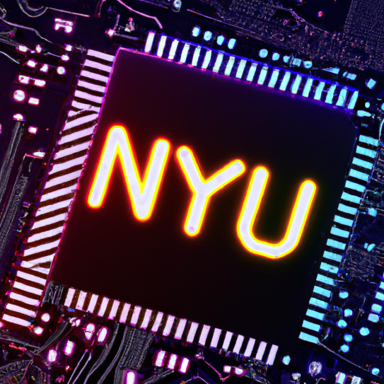 Electronic chip with dark board and multicolored gaps spelling out NYU