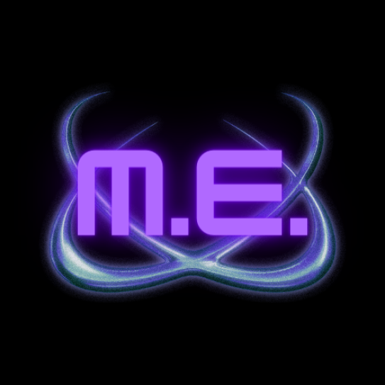 "M" and "E" in purple texted against a black background with shimmery blue cross-like logo