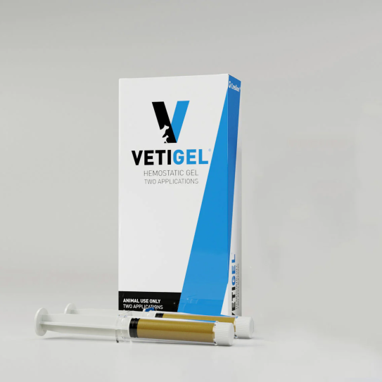 a cardboard box of vetigel applications with syringes