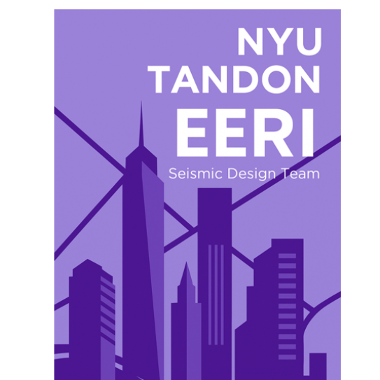 Logo for the 'NYU Tandon EERI Seismic Design Team' featuring a purple-toned silhouette of a city skyline. The text 'NYU TANDON EERI' is displayed in a bold white font at the top right, with 'Seismic Design Team' written in a smaller font directly below it.