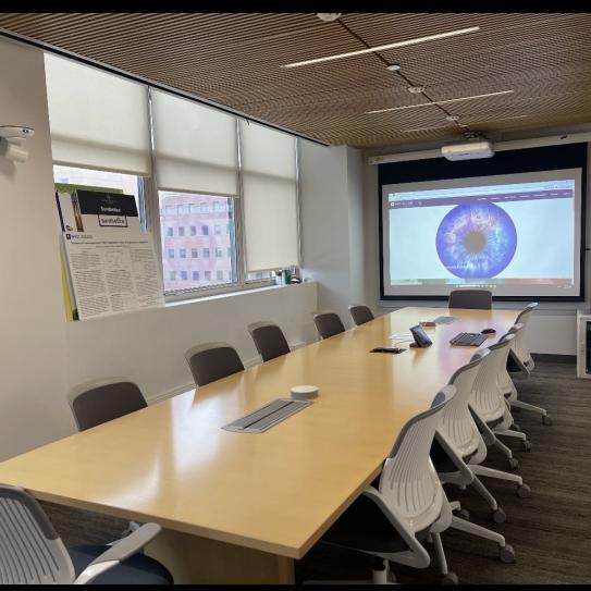 Image of a conference room with a table and twelve chairs, and a projector and screen at the end of the table.