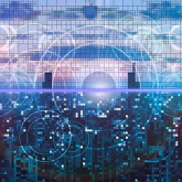 City skyline with digital info graphics superimposed