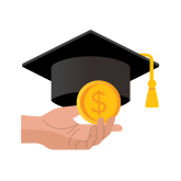 illustration of a hand holding a coin in front of graduation cap