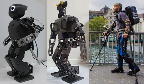 2 images of standing humanoid robots alongside an image of a man walking and wearing assistive forearm braces 