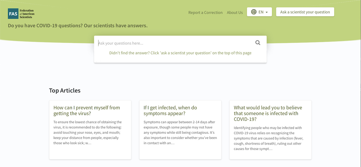 screenshot of website that allows users to type in questions about COVID-19