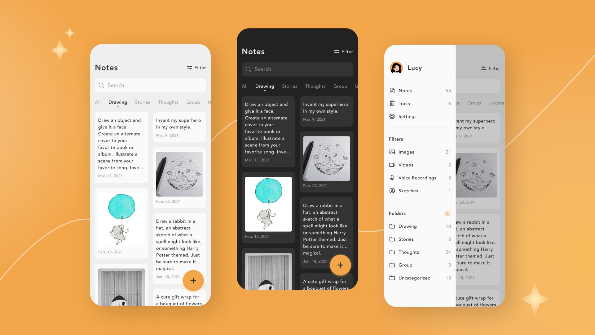 3 wireframes of a drawing mobile application on an orange background