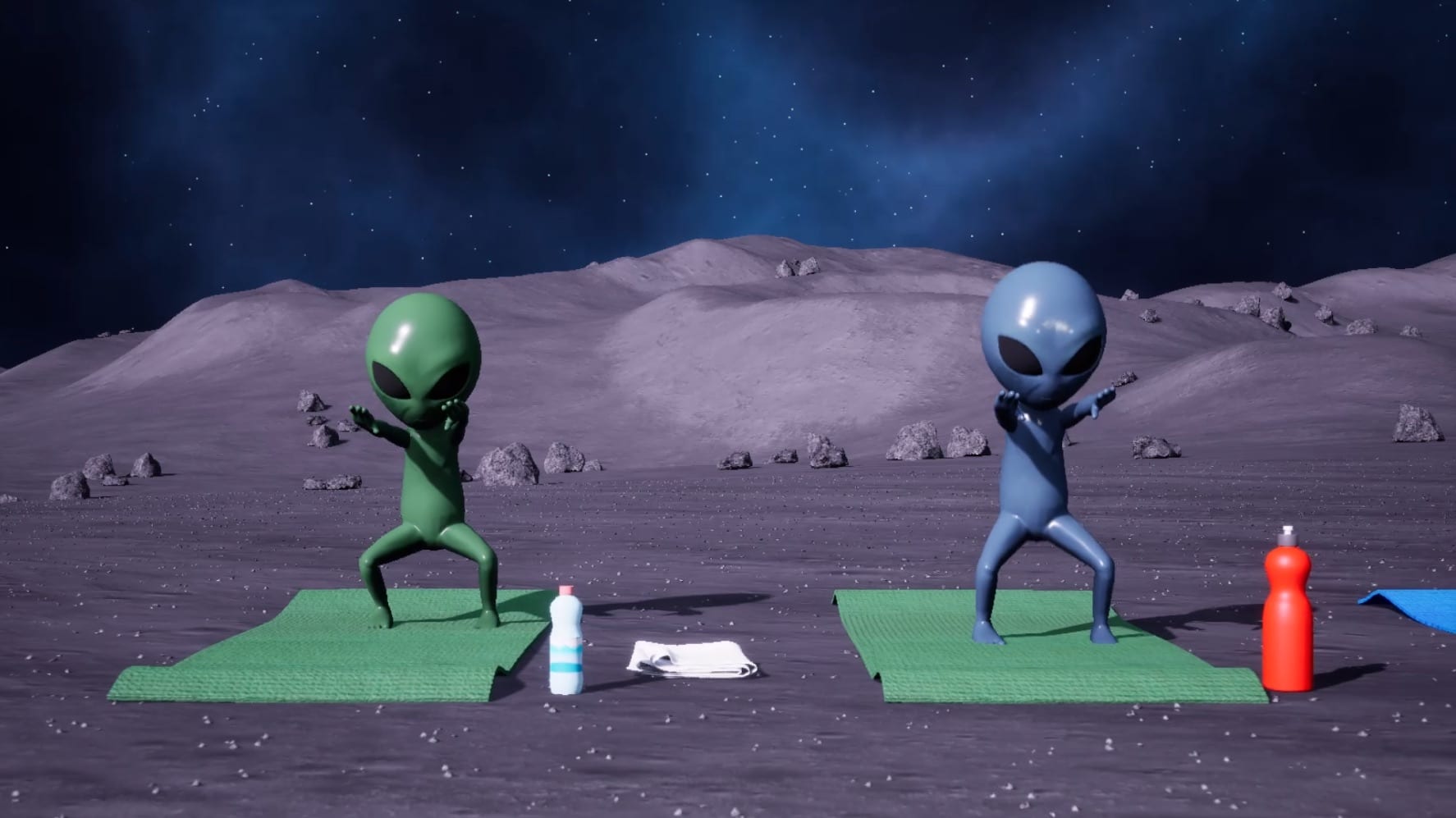 a 3d rendering of two green aliens on a planet mid squat