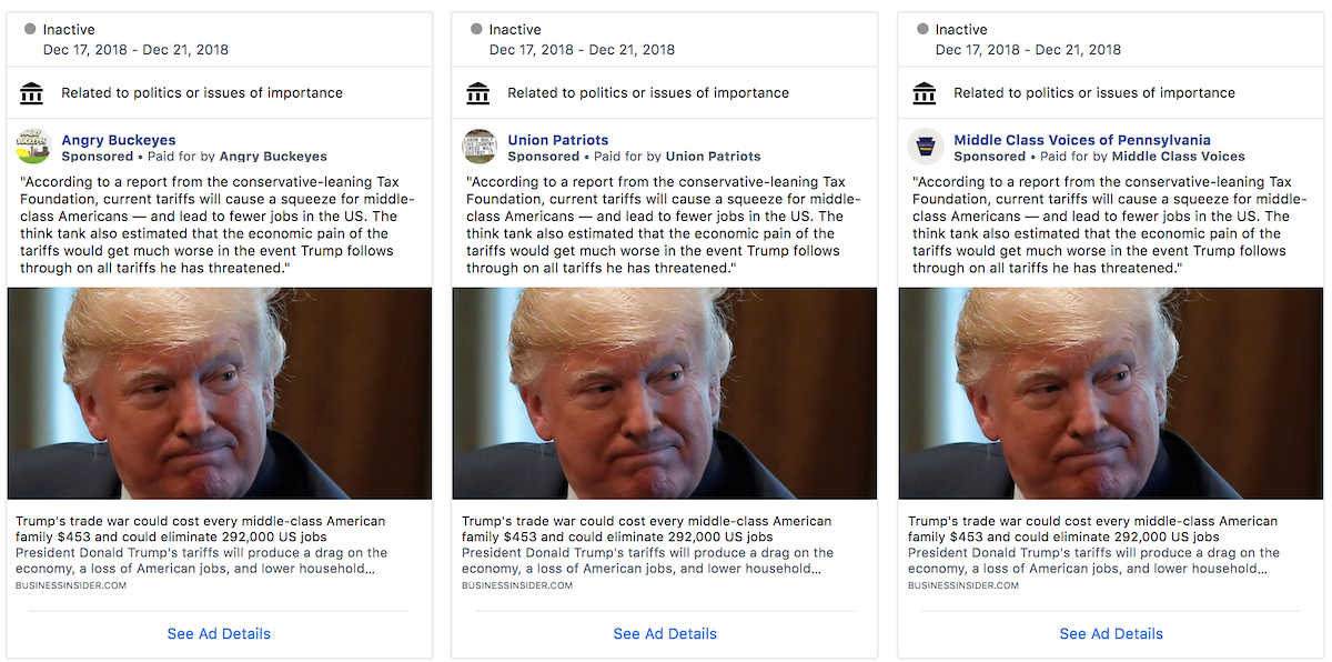 three identical facebook ads by three different inauthentic communities 