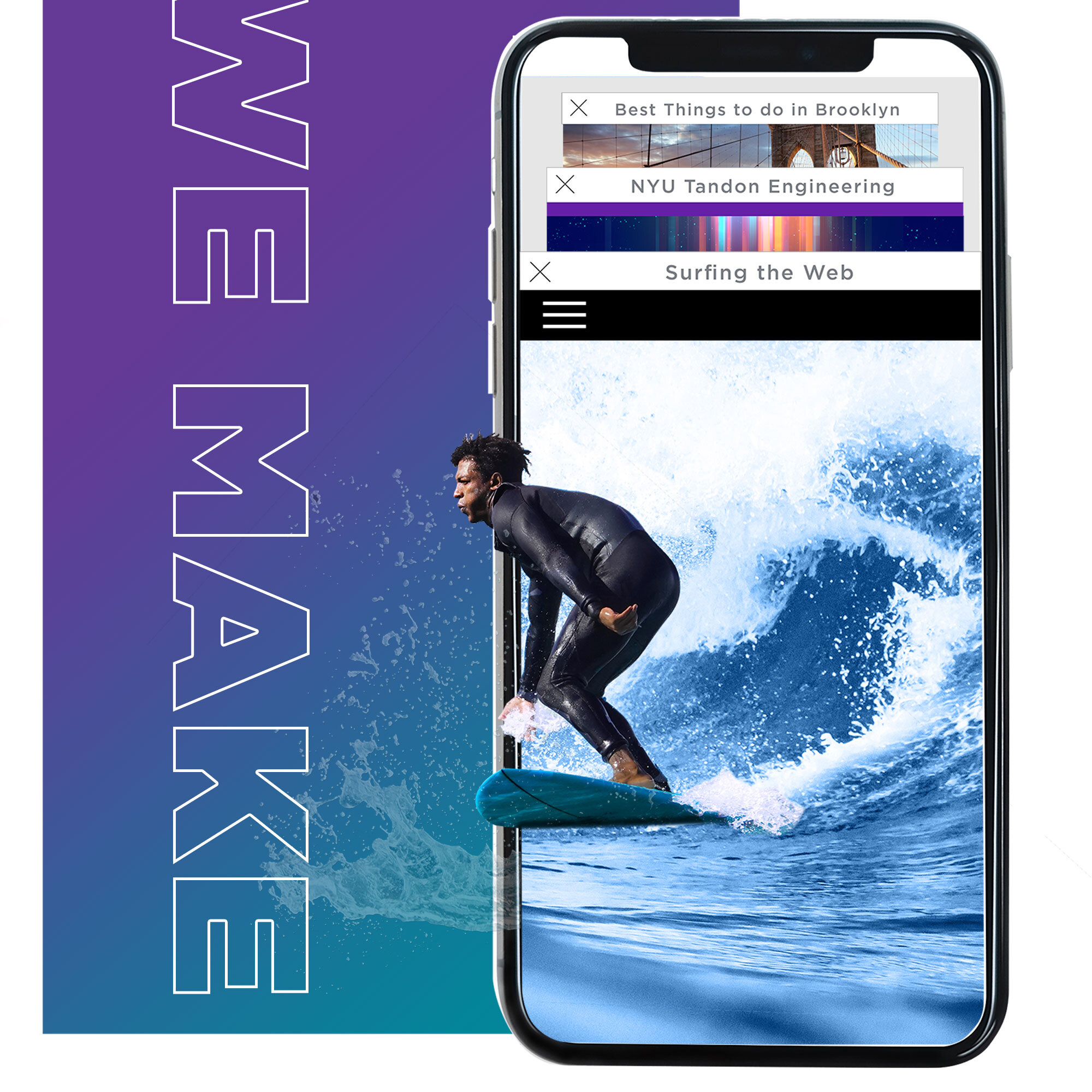 Surfer riding a wave next to a superimposed cell phone.