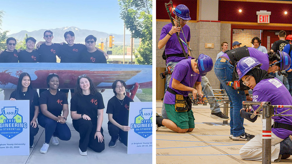 2 images: concrete canoe team with canoe and steel bridge team working on bridge