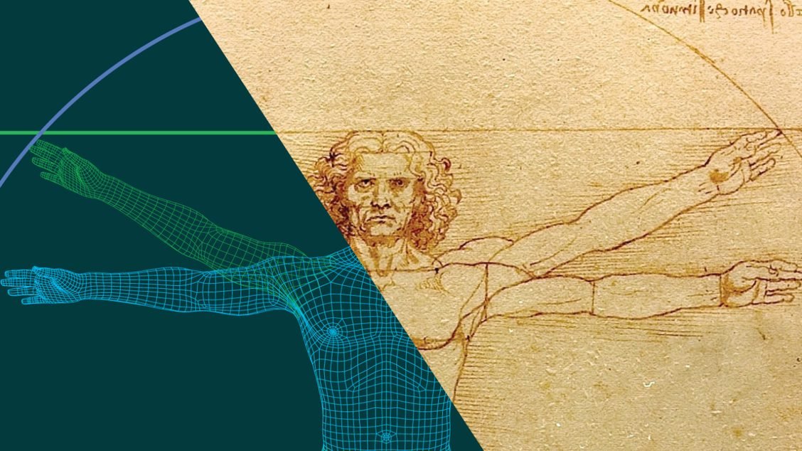 half paper and half virtual version of Leonardo da Vinci's Vitruvian Man