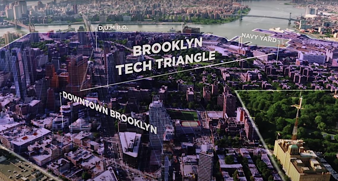 aerial view of Brooklyn with DUMBO, downtown Brooklyn and the Navy Yard making up the Tech Triangle
