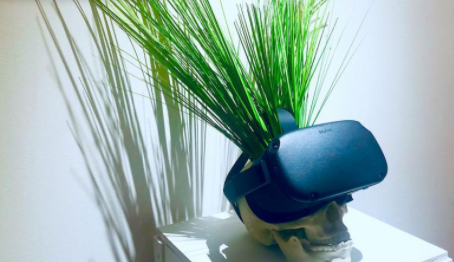 a skull with grass hair wearing a VR headset 