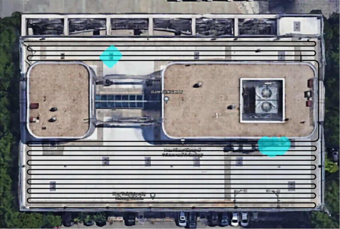 arial view of building roof with 2 areas highlighted