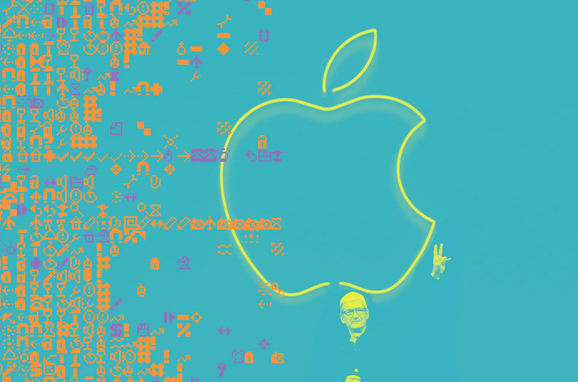 apple logo with Tim Cook behind