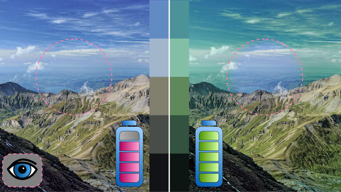 split screen of mountain range left side pink tinge, right side green tinge