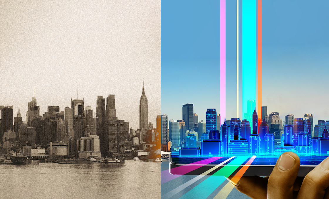 sepia tone skyline on NYC next to brightly colored skyline protruding from mobile