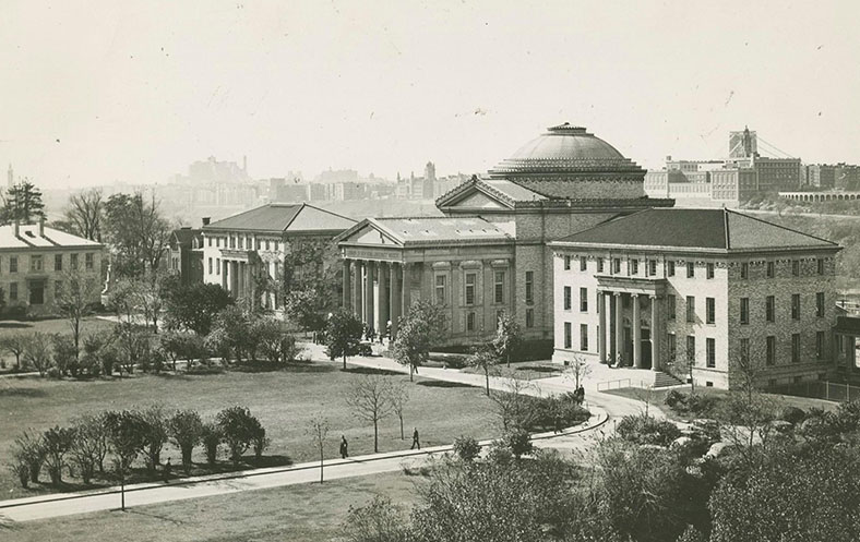 sepia-toned photo of NYU heights campus in Bronx