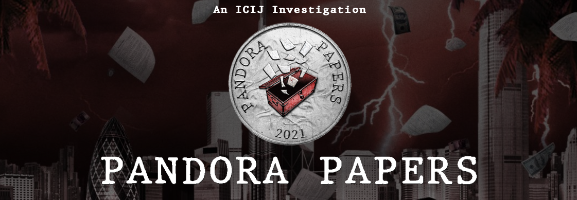 Pandora Papers logo, behind there is a background of a city with lightning 