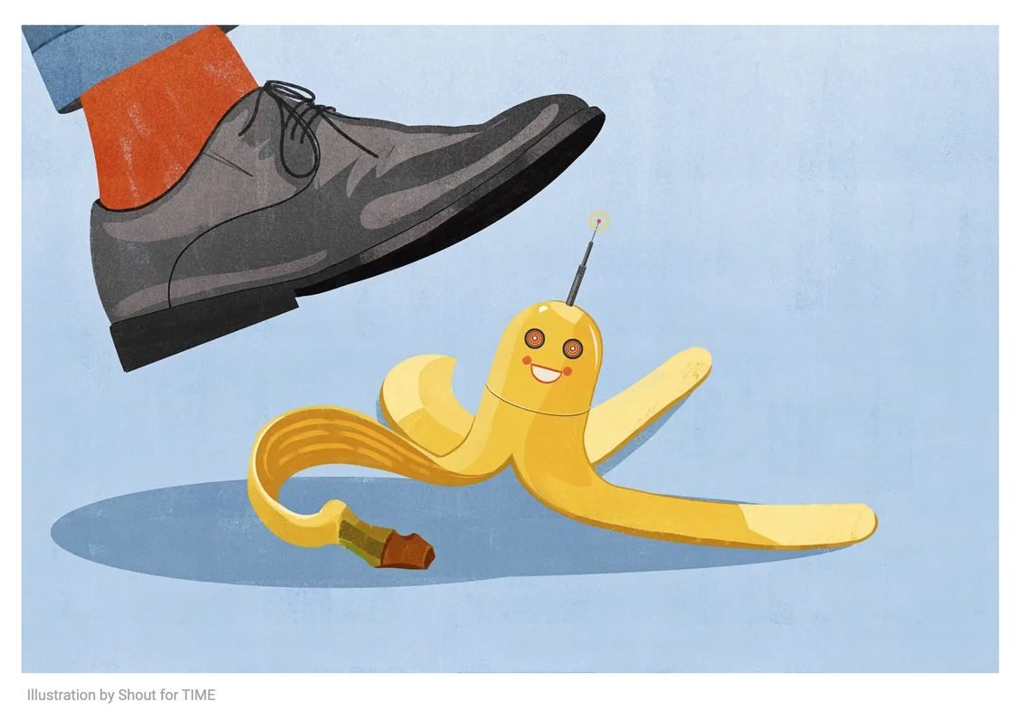 Drawing of a shoe stepping on a robot banana peel 
