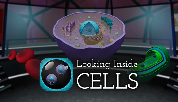 Virtual cells cut in half and "Looking Inside Cells" logo