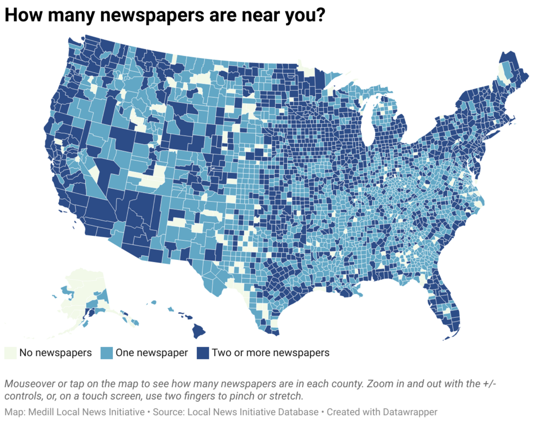 Data visualization of newspaper count in United States counties. Full description in caption.