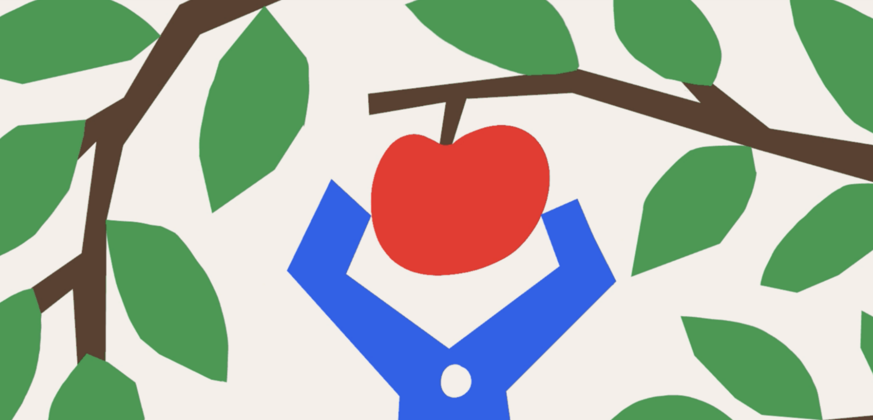 Blocky illustration of a blue robotic pincher plucking a red apple that is hanging from a tree branch.