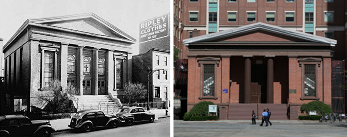 old black and white photo next to present day photo of Wunsch building